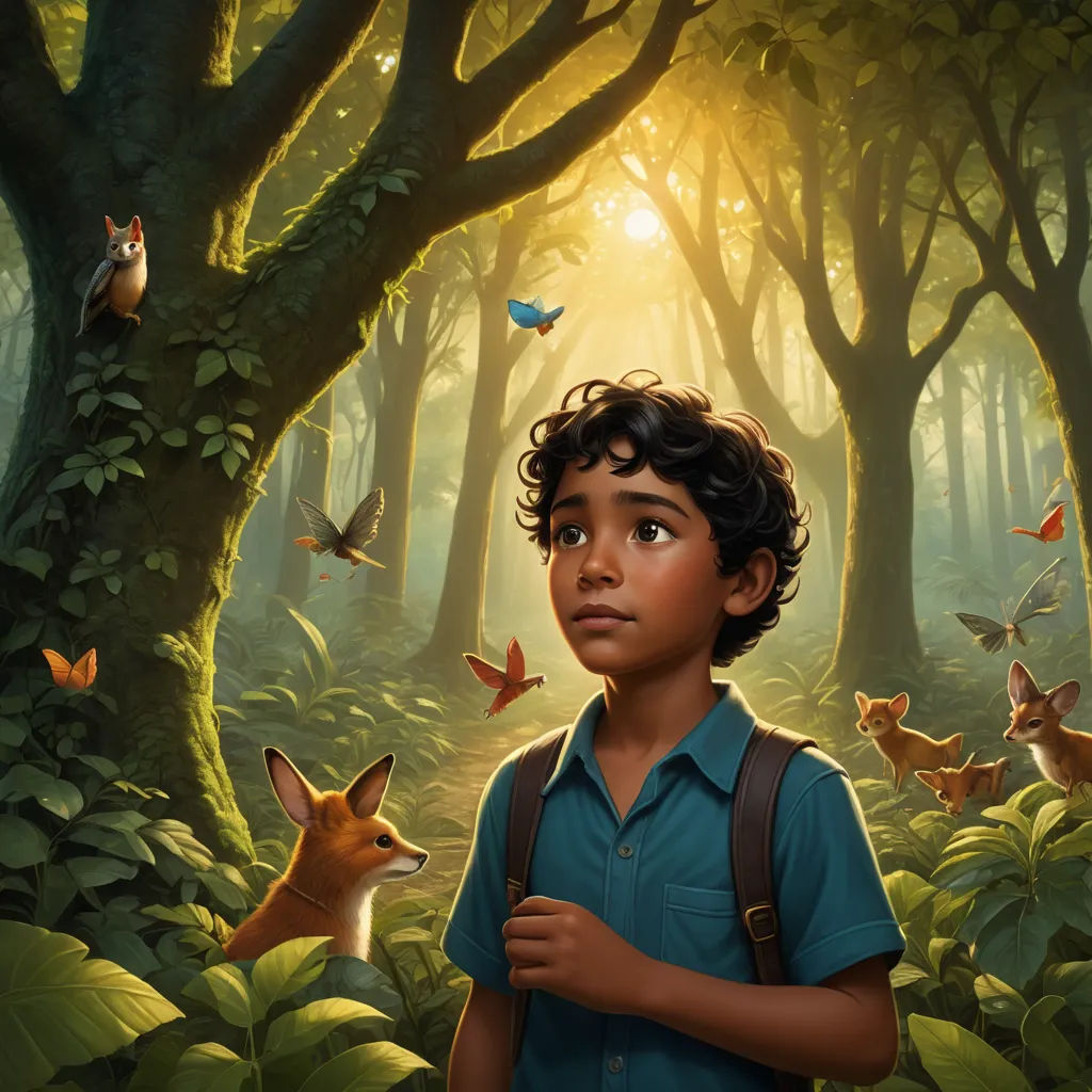 a boy in a forest with a fox and butterflies flying around him and a bird flying over him, and a fox and a bird in the foreground, magical realism, a storybook illustration, Aaron Jasinski, key art