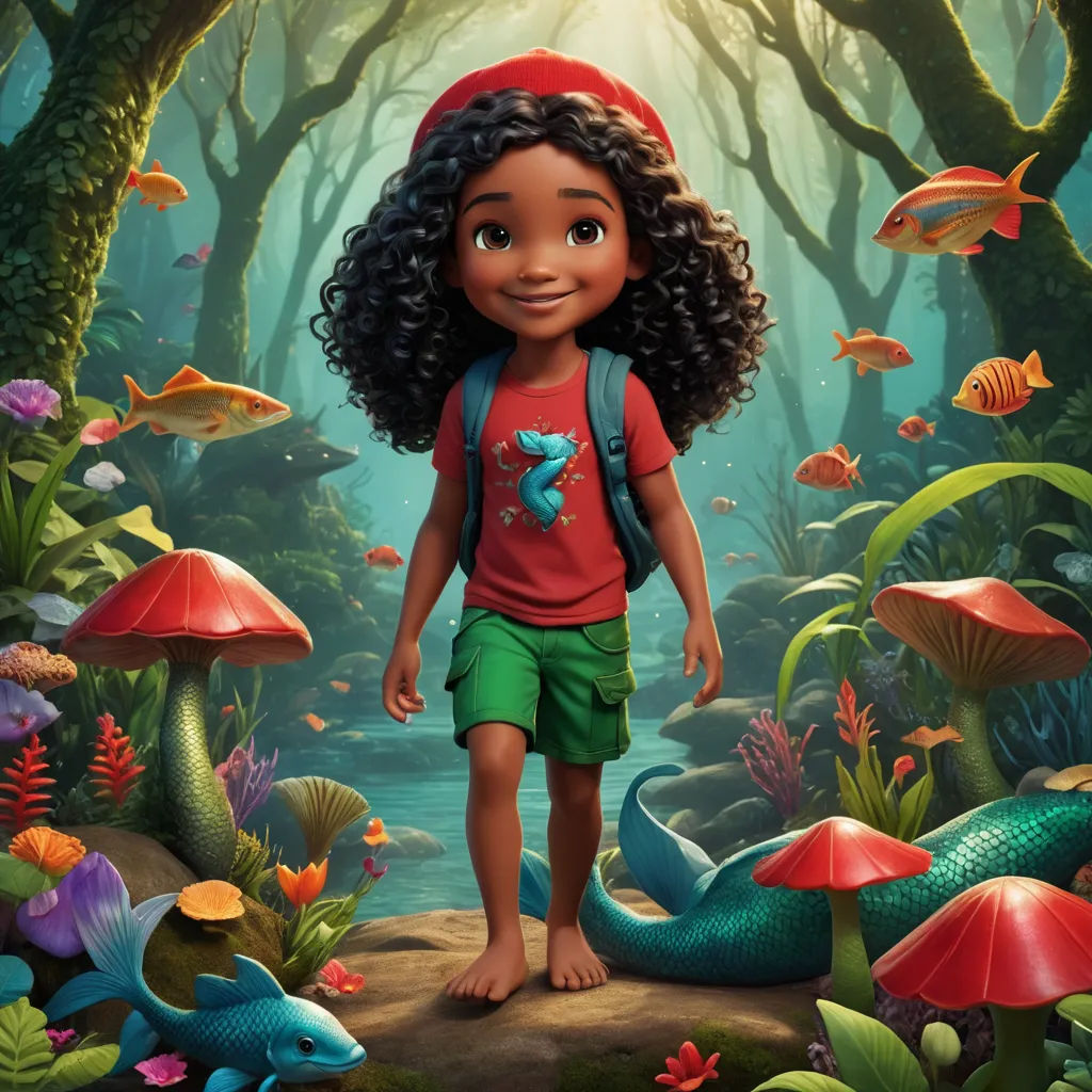 a cartoon character standing in a forest with many fish and plants around him, with a red hat and green shorts, magical realism, poster art, Cliff Childs, promotional image