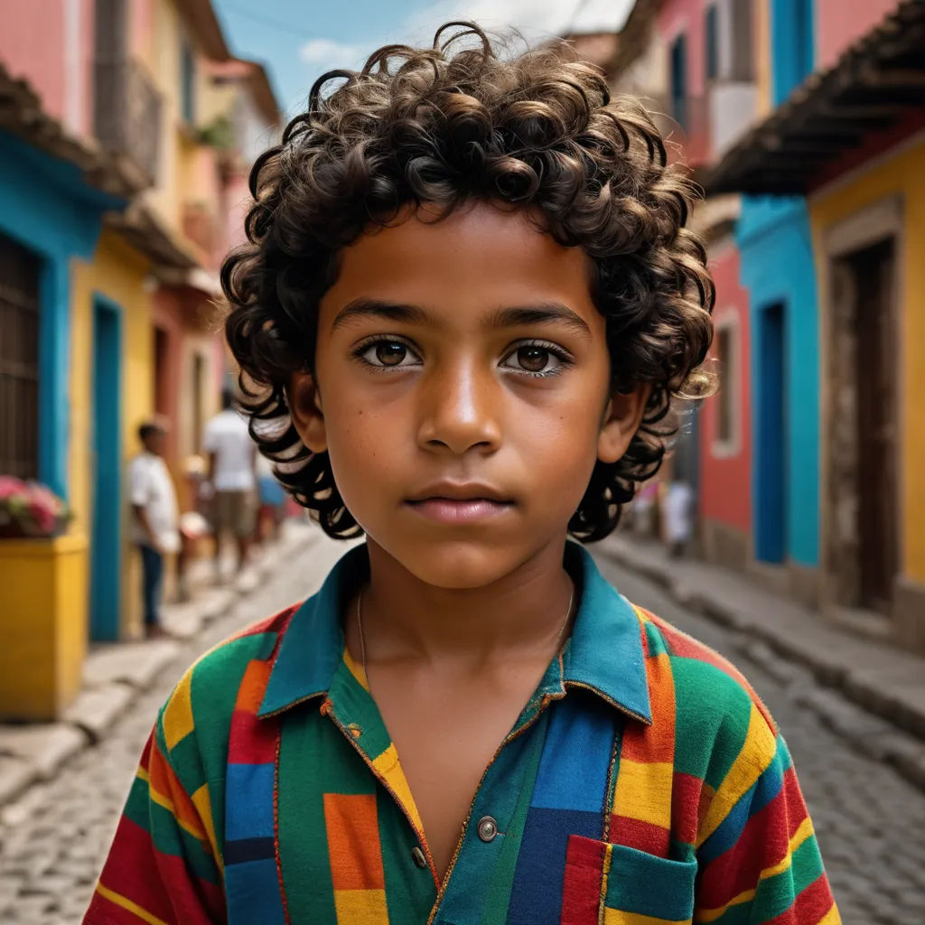 a young boy standing in front of a row of houses in a street with people walking by on the sidewalk, quito school, a character portrait, Ceferí Olivé, cinematic photography
