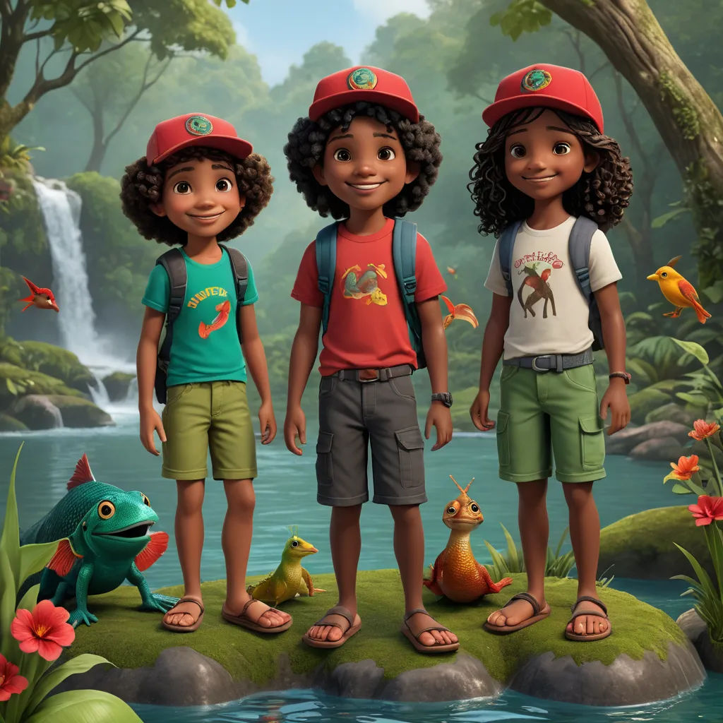 a group of children standing next to a pond with a frog and a frog on it's back, photorealism, concept art, disney, promotional image
