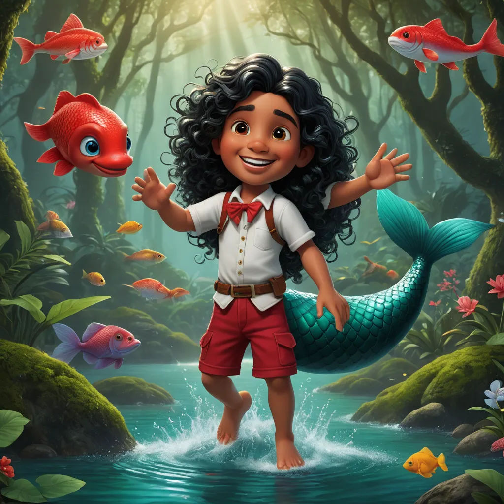 a cartoon character is standing in the water with a fish and a fish tail in front of him and a fish in the background, pop surrealism, a character portrait, Cliff Childs, promotional image