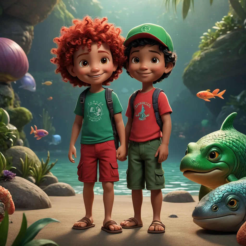 a couple of kids standing next to each other near a body of water with a fish on it's back, photorealism, poster art, Chris LaBrooy, promotional image