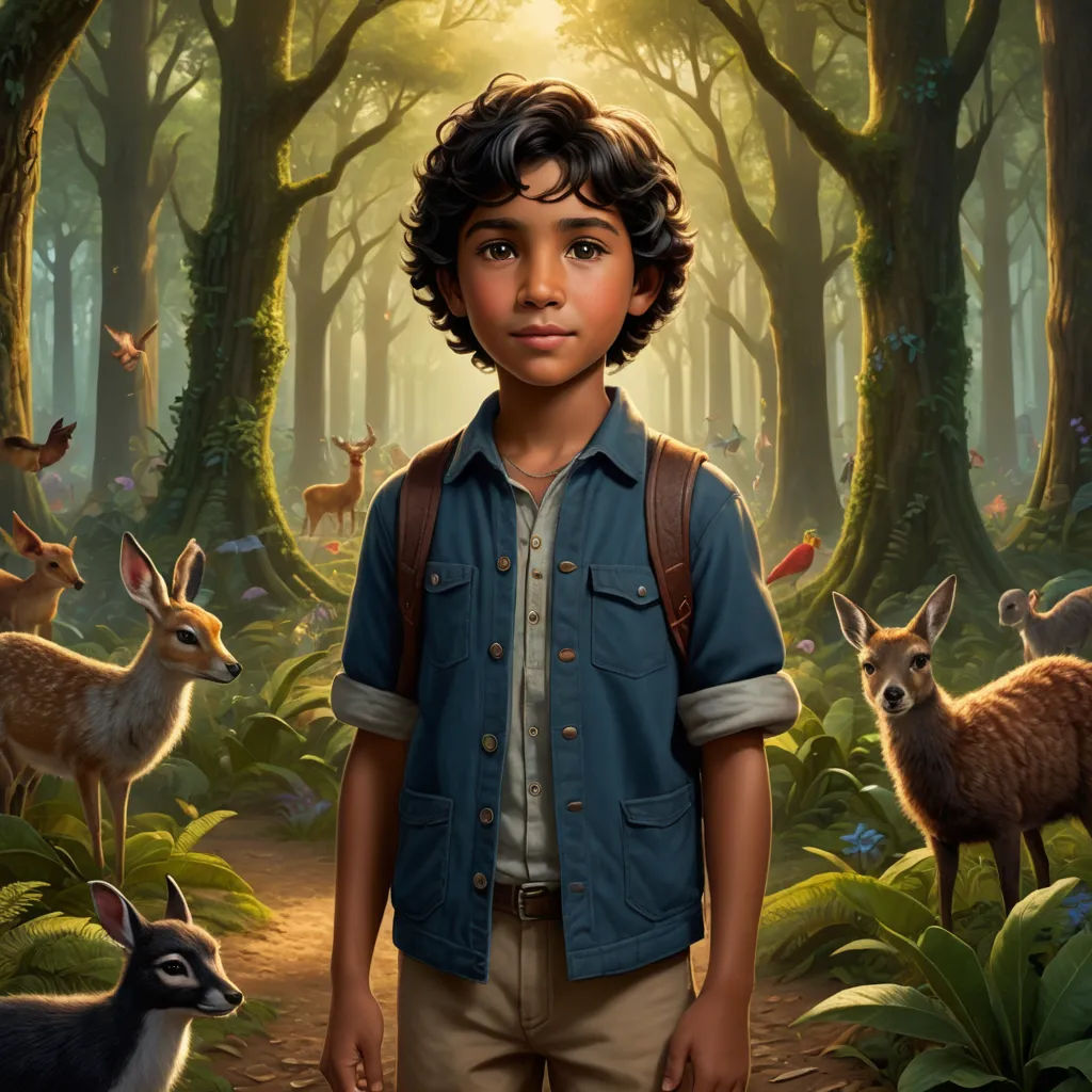 a boy standing in a forest with deer and birds around him and a forest scene behind him with deer and a boy, magical realism, a character portrait, Aaron Jasinski, key art