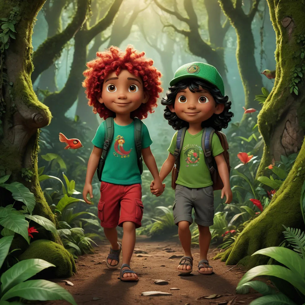 a couple of kids walking down a forest covered with leaves and plants, holding hands and walking towards the camera, les nabis, a poster, Felix-Kelly, promotional image