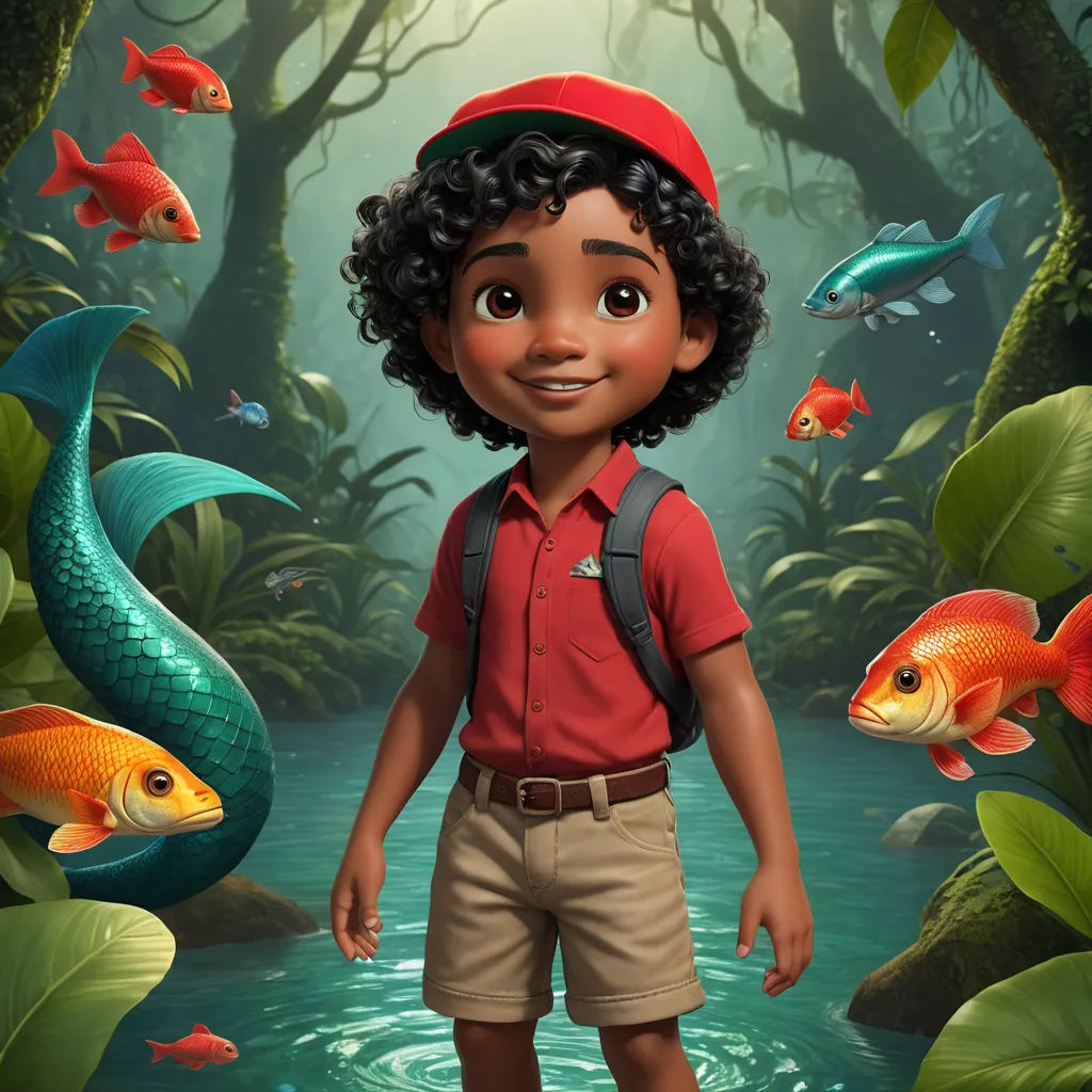 a boy in a red shirt and a red hat standing in a river with fish and plants around him, photorealism, a character portrait, Cliff Childs, promotional image