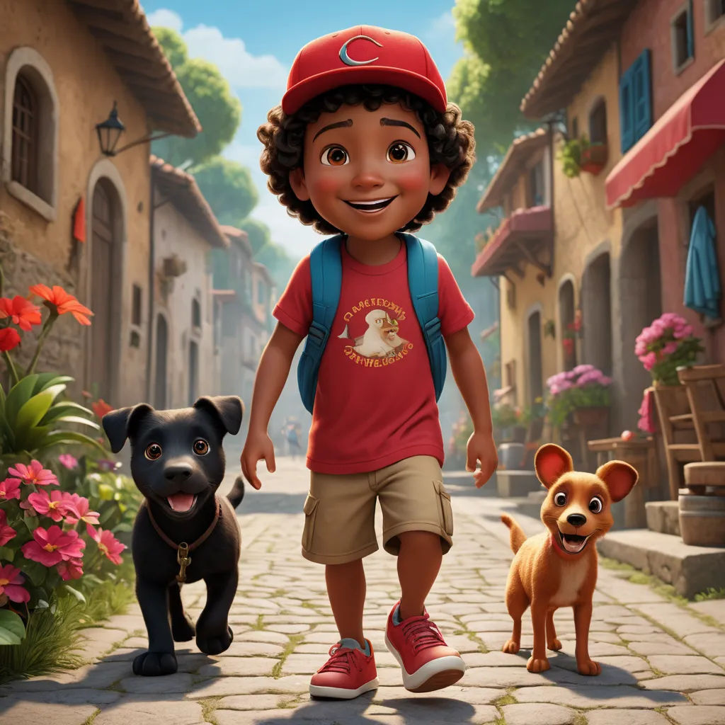 a boy and a dog are walking down a street in a cartoon scene with a dog and a man, photorealism, poster art, Chris LaBrooy, promotional image
