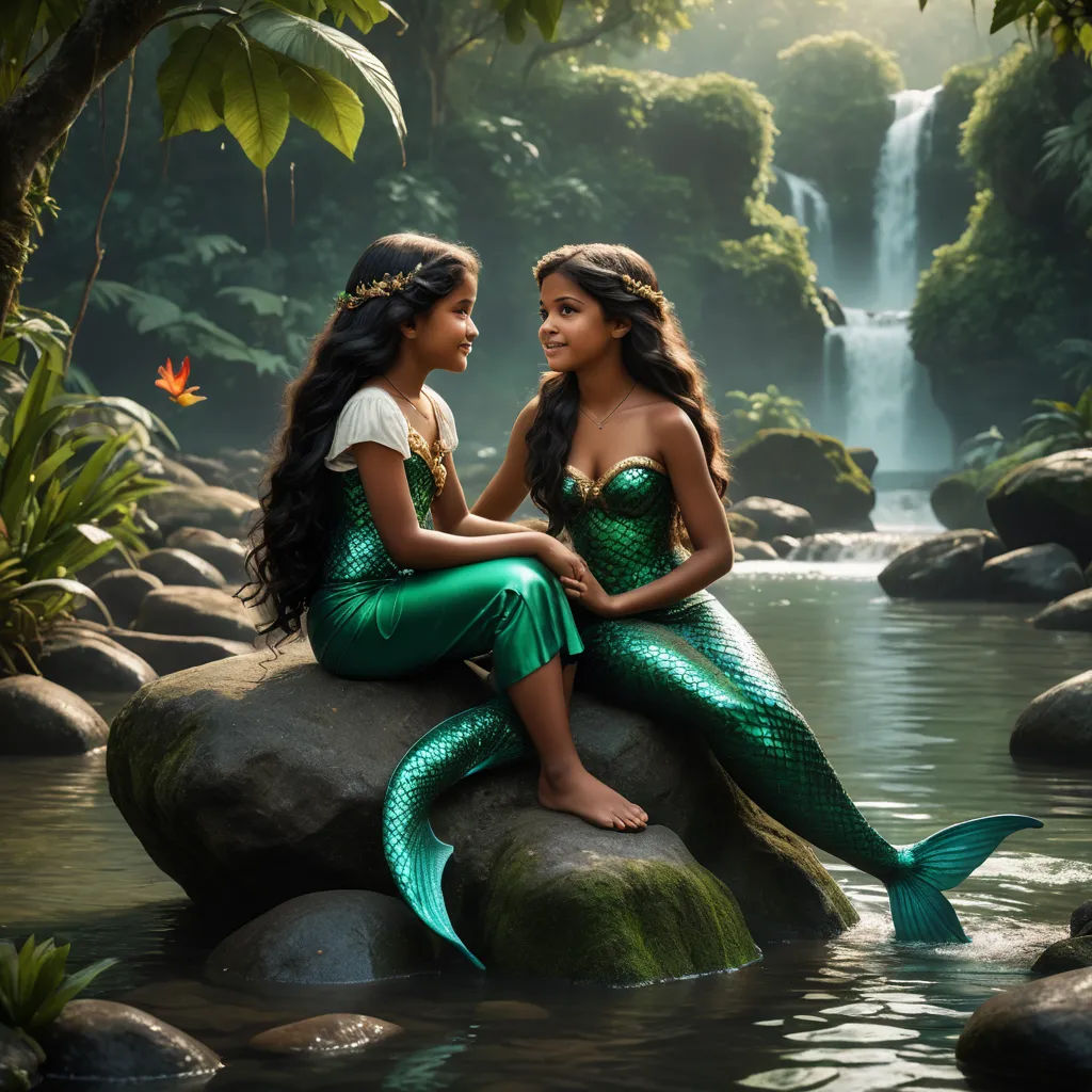 two girls dressed as mermaids sitting on rocks in a river with a waterfall in the background and a waterfall in the background, magical realism, a poster, disney, promotional image