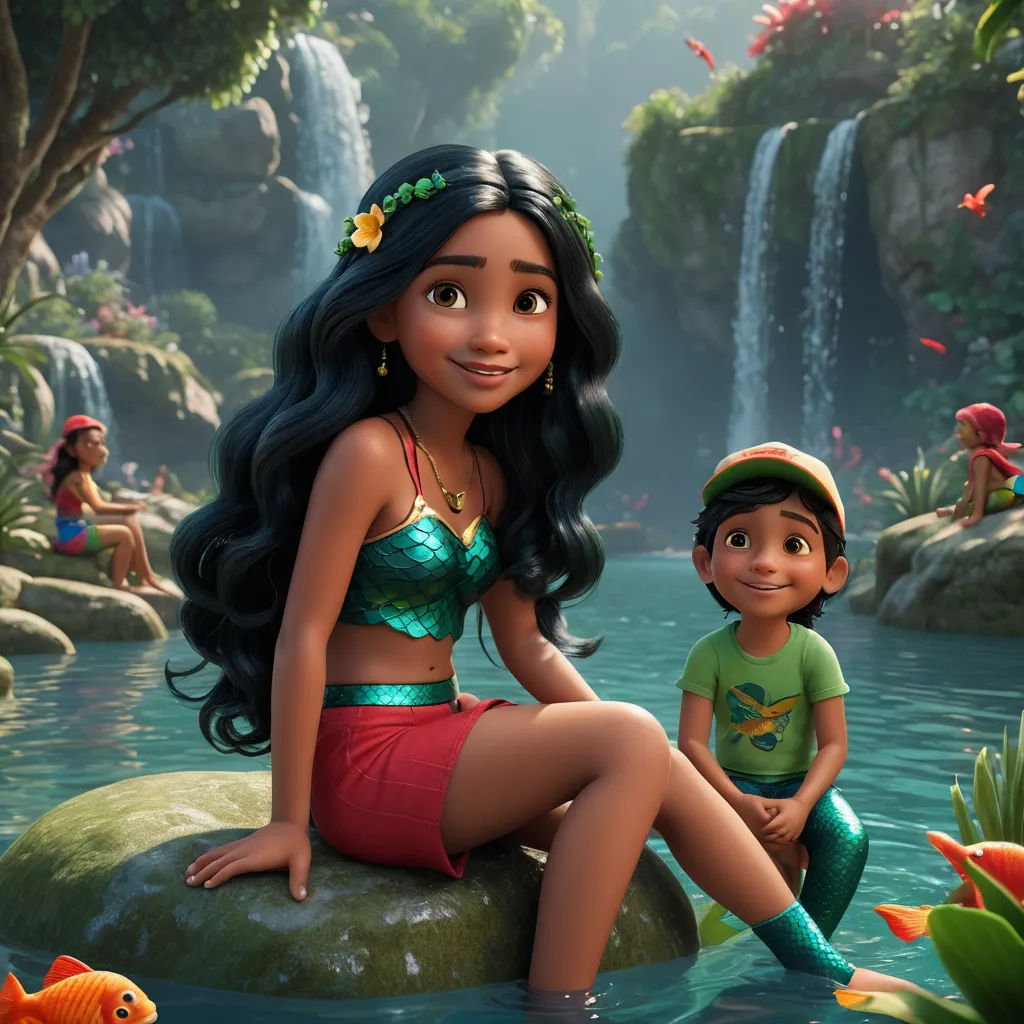 a cartoon of a girl and boy sitting on a rock in the water with a waterfall in the background, sots art, a poster, disney, promotional image
