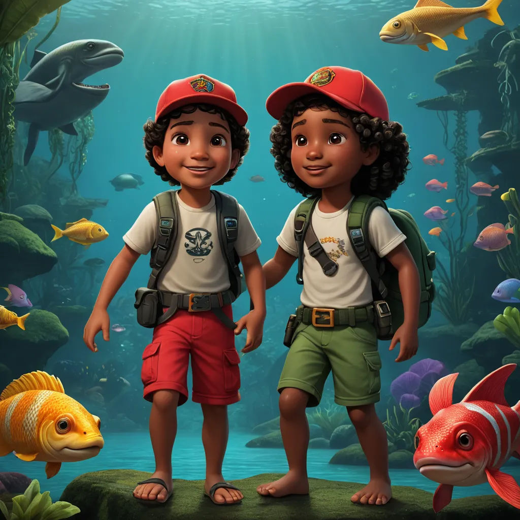 a couple of kids standing next to each other in front of a fish tank with a fish in it, photorealism, concept art, Cliff Childs, promotional image