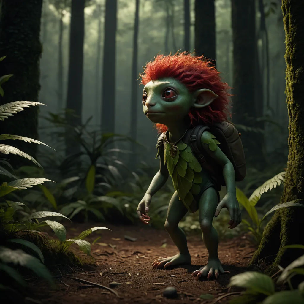 a red headed troll in a forest with ferns and rocks on the ground and a trail in the background, fantasy art, a 3D render, Cedric Seaut (Keos Masons), unreal engine 5 highly rendered