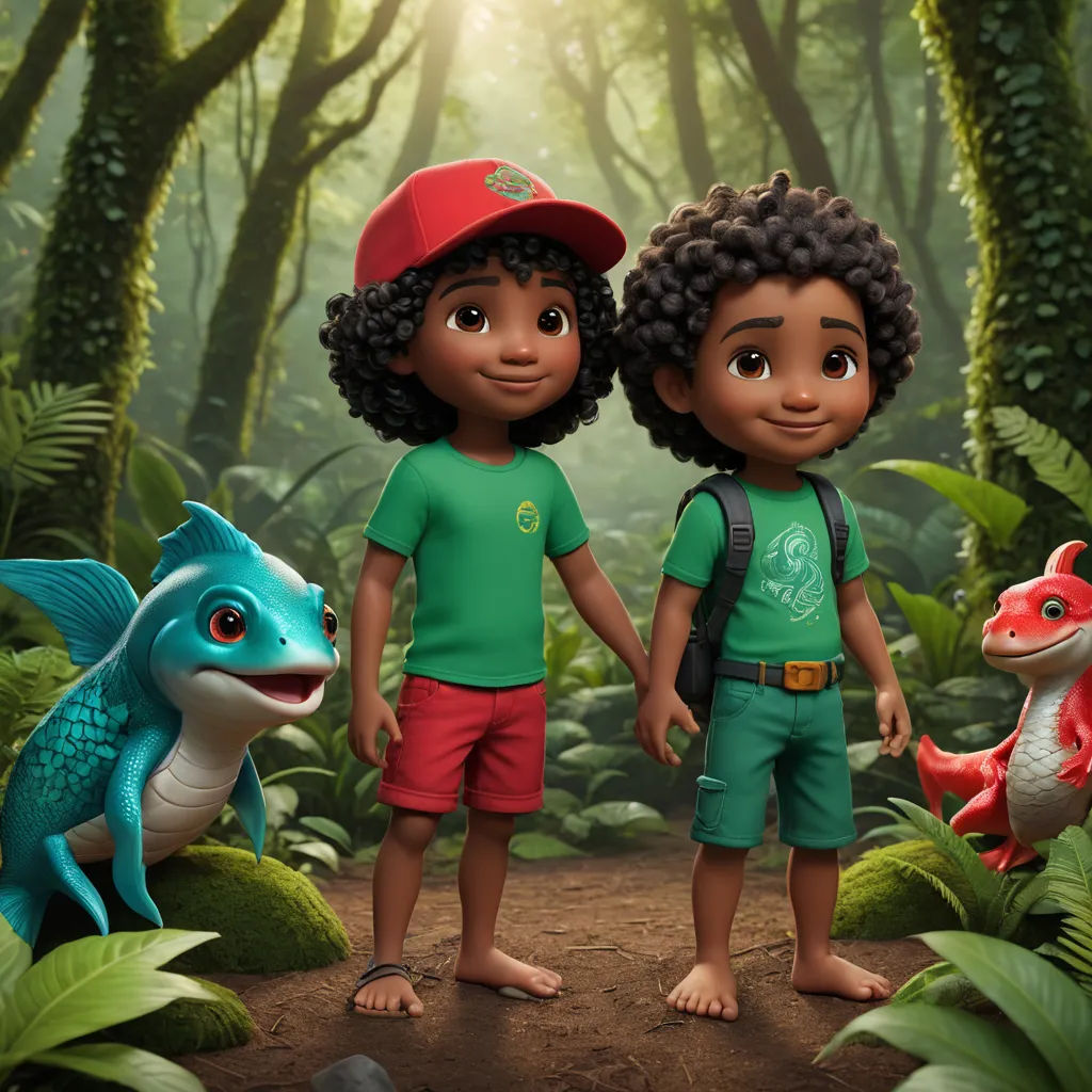 a couple of kids standing next to each other in a forest with a dragon and a fish on the ground, sots art, concept art, Chris LaBrooy, promotional image