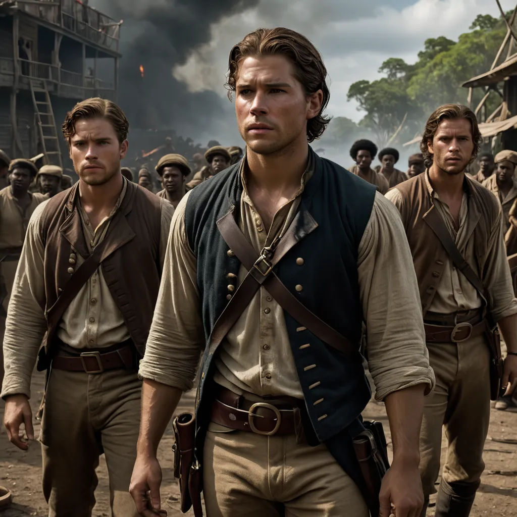 a group of men in historical clothing walking through a field with a large ship in the background and smoke billowing from the sky, american romanticism, a poster, Edward Clark, promotional image
