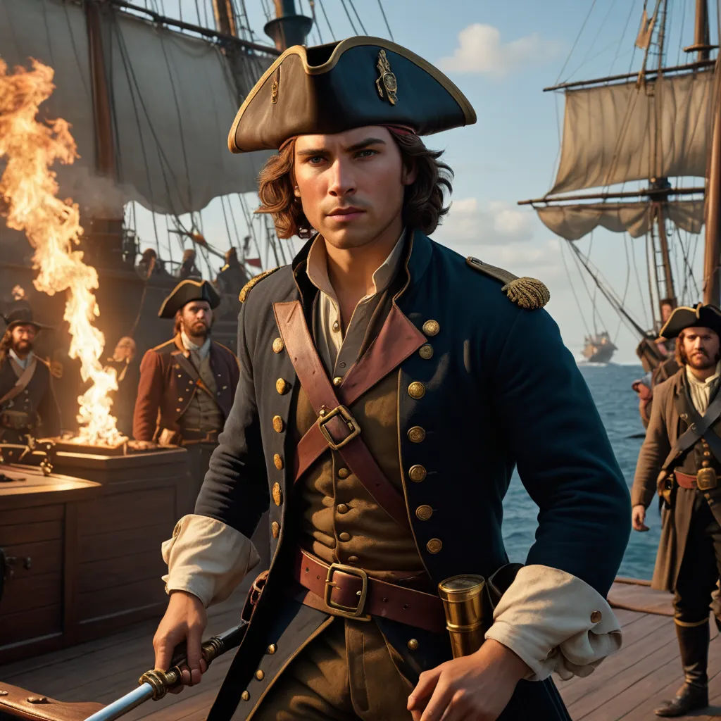 a man in a pirate costume standing on a boat with a sword and a fire in the background as another man in a pirate costume looks on, american romanticism, a character portrait, Cedric Seaut (Keos Masons), promotional image