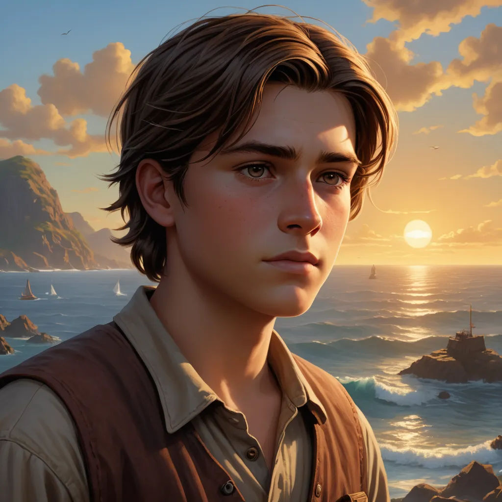 a painting of a boy standing in front of a sunset over the ocean with a boat in the water, fantasy art, a character portrait, Brothers Hildebrandt, kinkade