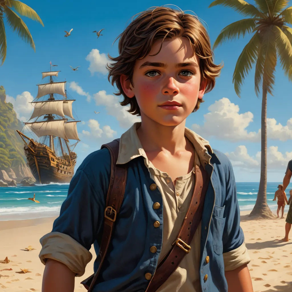 a boy with a backpack on a beach with a pirate ship in the background and a man in the foreground, american scene painting, a character portrait, Aaron Jasinski, magic the gathering artwork