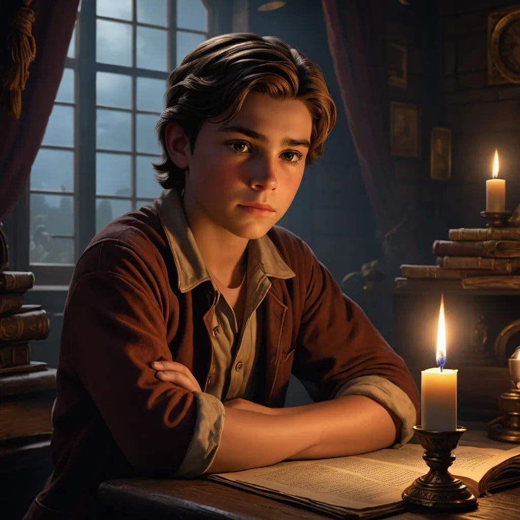 a boy sitting at a table with a lit candle in front of him and a book on the table, fantasy art, a character portrait, Clint Cearley, rossdraws global illumination