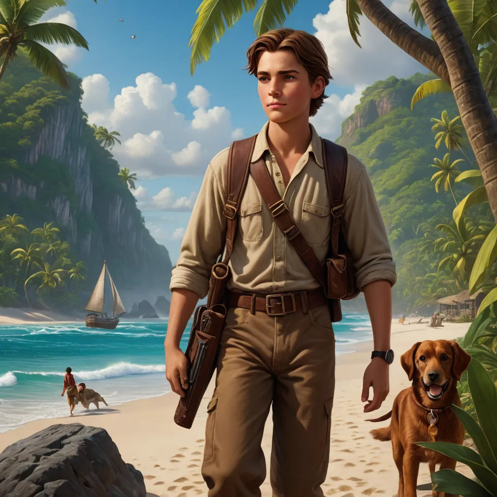 a man with a gun and a dog on a beach with palm trees and a boat in the water, fantasy art, a detailed matte painting, Brothers Hildebrandt, kinkade