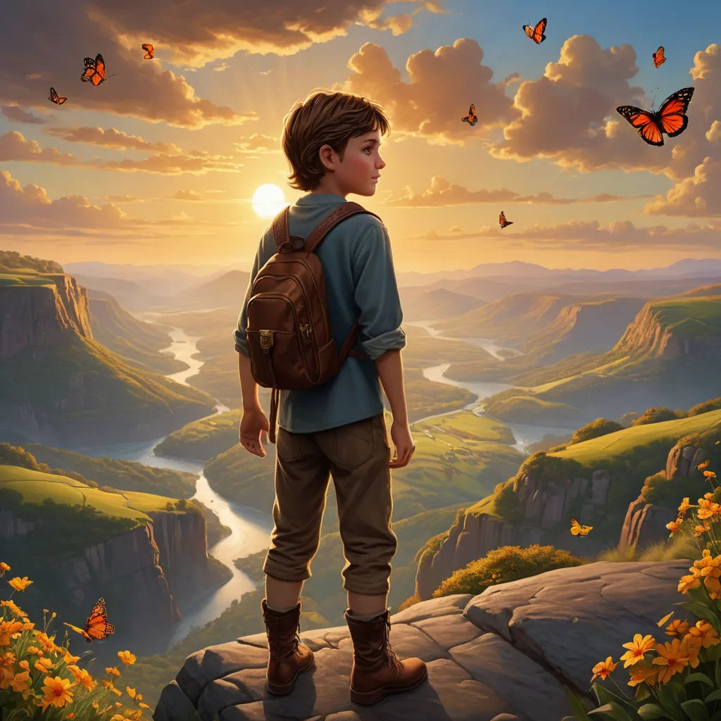 a boy with a backpack standing on a cliff looking at a valley with butterflies flying overhead and a river running through the valley, magic realism, a storybook illustration, Aaron Jasinski, kinkade