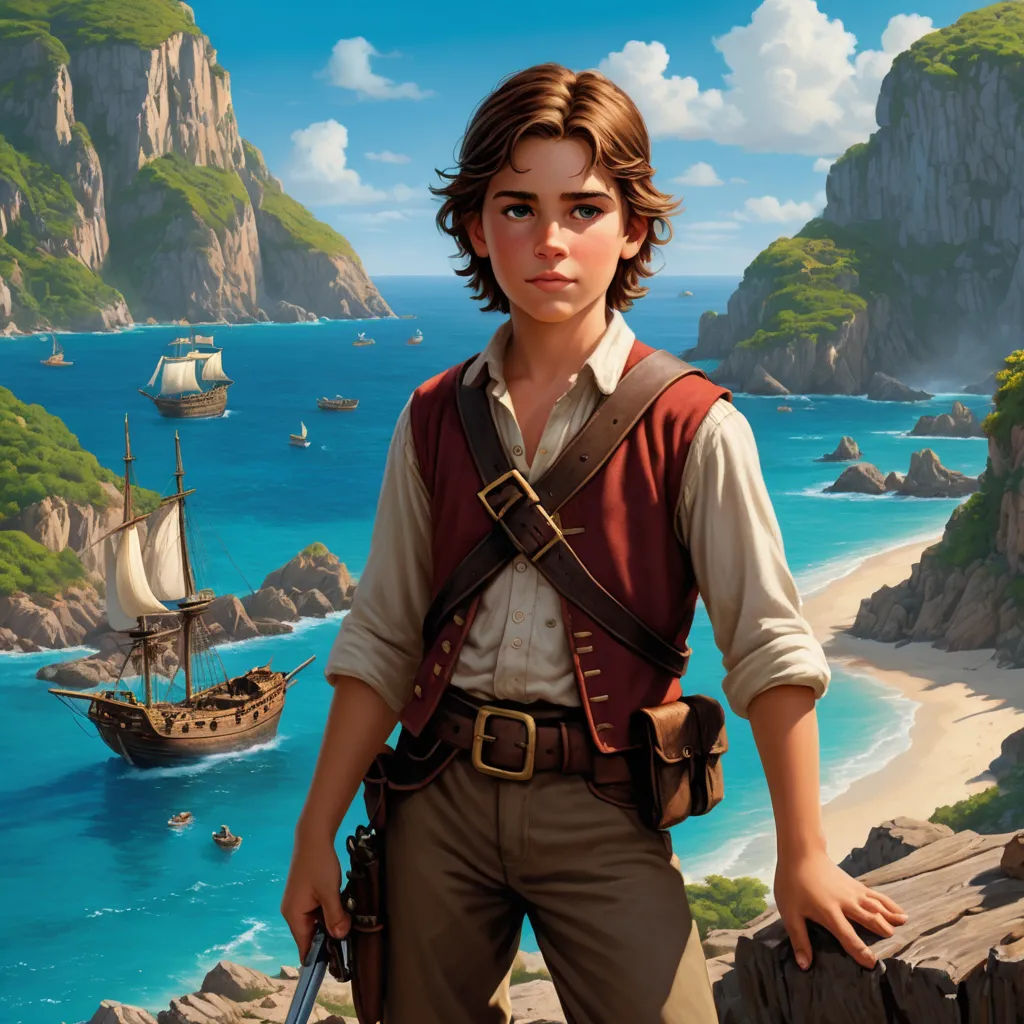 a boy in a pirate costume standing on a cliff overlooking the ocean with a ship in the background and a pirate ship in the water, fantasy art, a character portrait, Aaron Jasinski, epic fantasy character art
