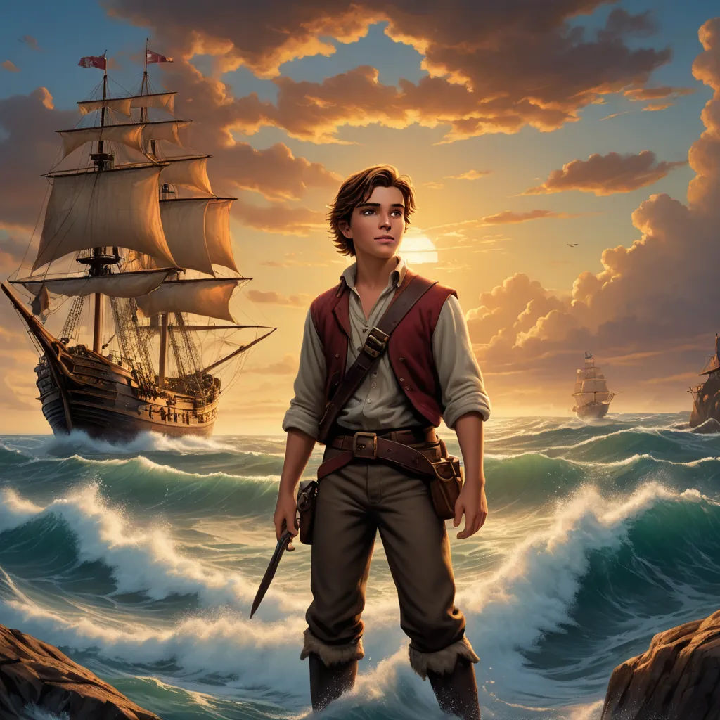 a painting of a boy standing on a rock in the ocean with a pirate ship in the background and a sunset in the background, fantasy art, a character portrait, Brothers Hildebrandt, key art