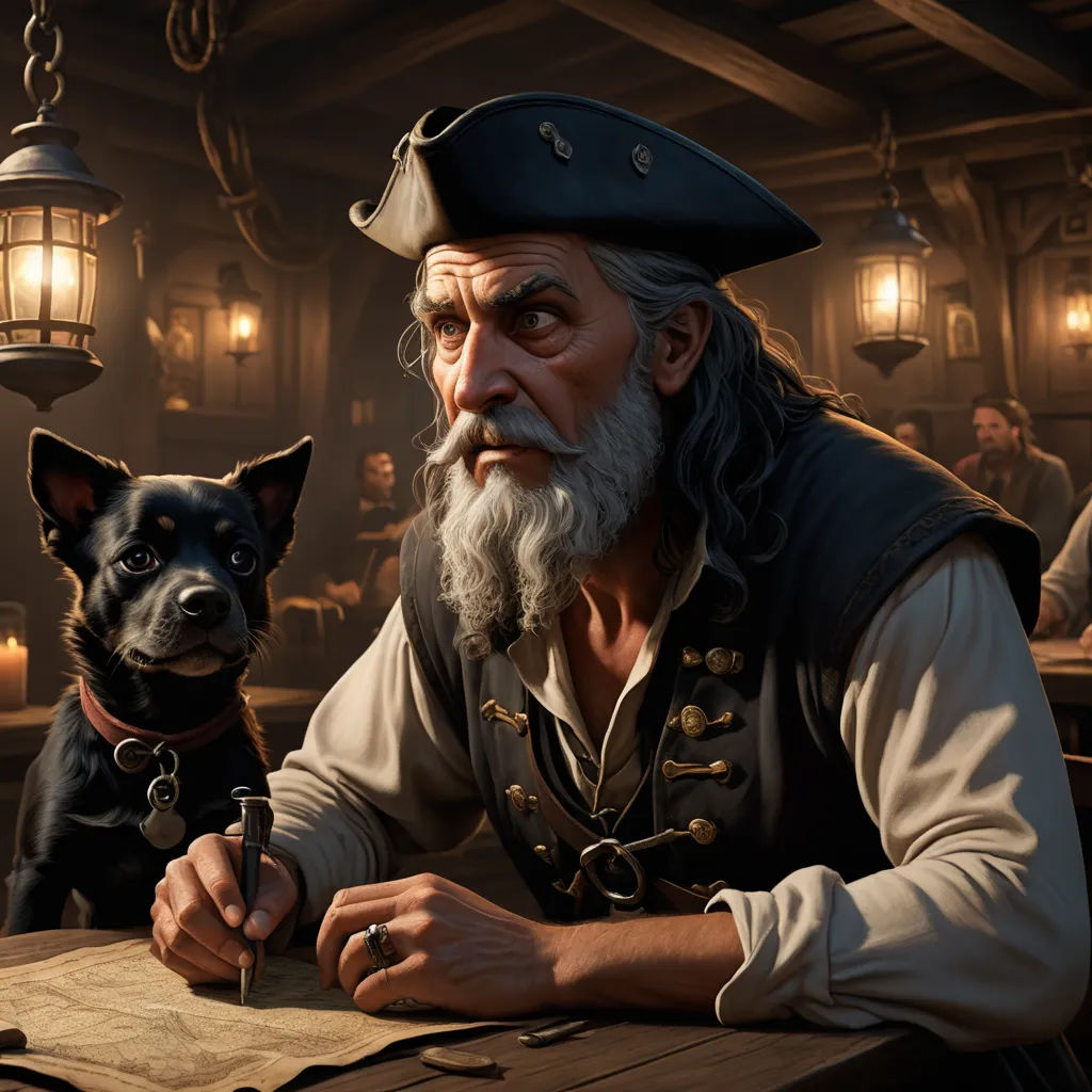 a dog sitting next to a man in a pirate costume at a table with a menu and a lamp, fantasy art, a character portrait, Alex Horley, ultra realistic digital art