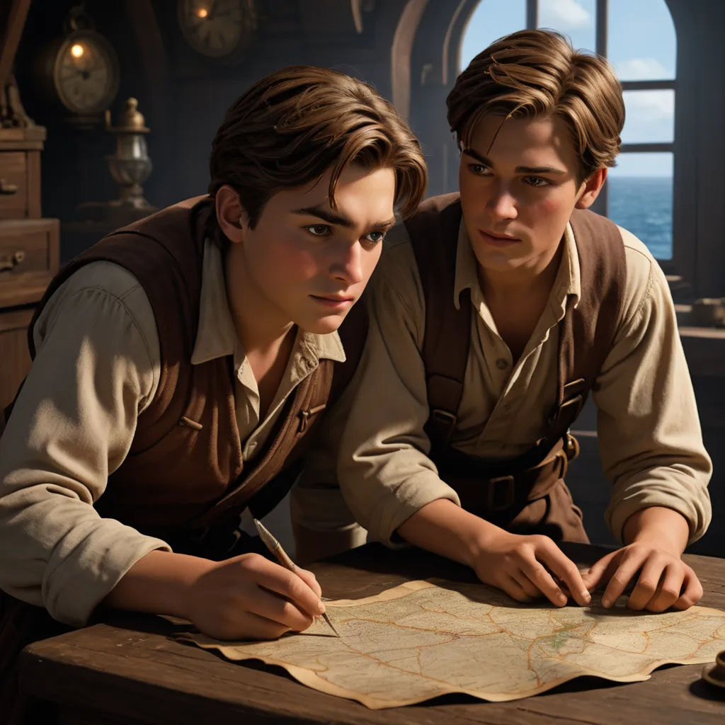 two young men are looking at a map and writing something on a piece of paper with a pen in his hand, photorealism, a detailed matte painting, Brothers Hildebrandt, cgstudio