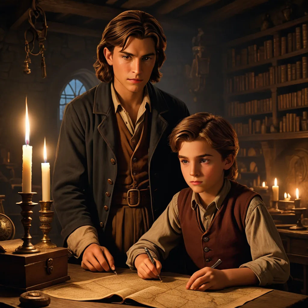 a man and a boy sitting at a table in a library with a book and a candle in front of them, fantasy art, a detailed matte painting, Brothers Hildebrandt, promotional image