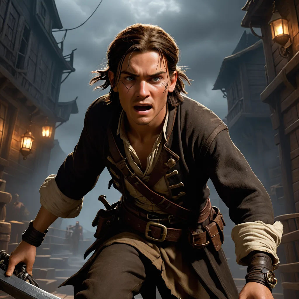 a man in a pirate costume holding a sword in a dark alley with a full moon in the background, fantasy art, a detailed matte painting, Cedric Seaut (Keos Masons), promotional image