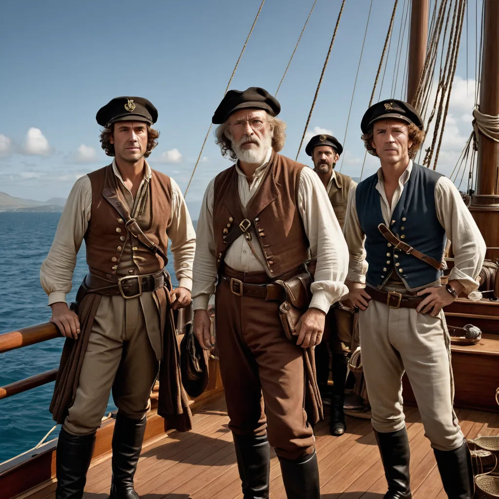 a group of men standing on top of a boat in the ocean next to each other on a sunny day, private press, a poster, Anson Maddocks, promotional image