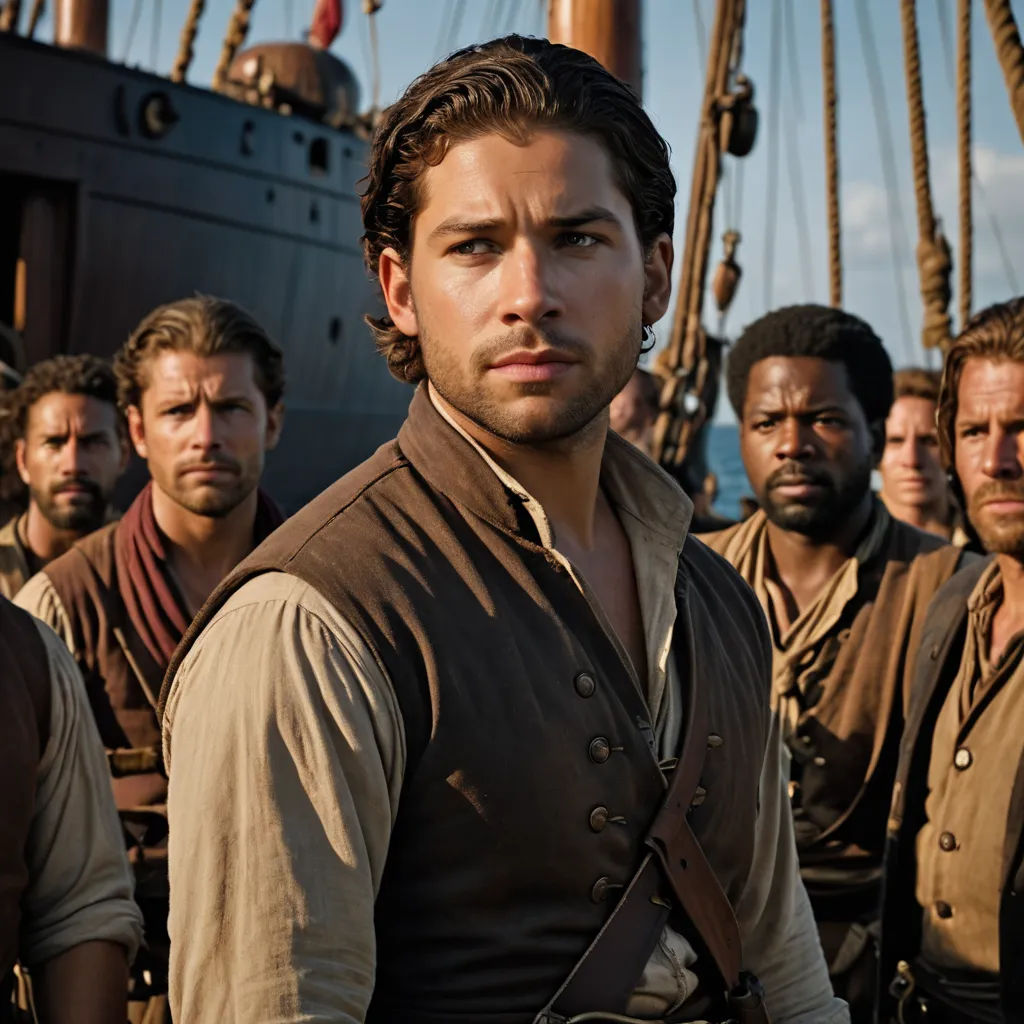a group of men standing next to each other on a boat in the ocean with a pirate ship in the background, american romanticism, a poster, Don Arday, promotional image