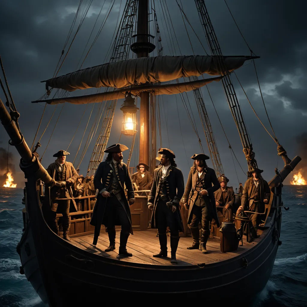 a group of men standing on top of a boat in the ocean at night time with lights on and a full moon in the sky, american scene painting, a detailed matte painting, Diego Gisbert Llorens, promotional image