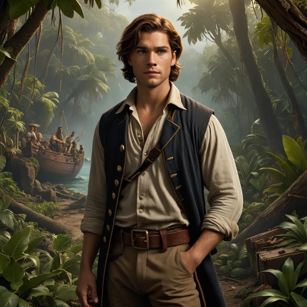 a man in a pirate costume standing in a jungle with a boat in the background and a jungle scene, american romanticism, a character portrait, Charles Fremont Conner, promotional image