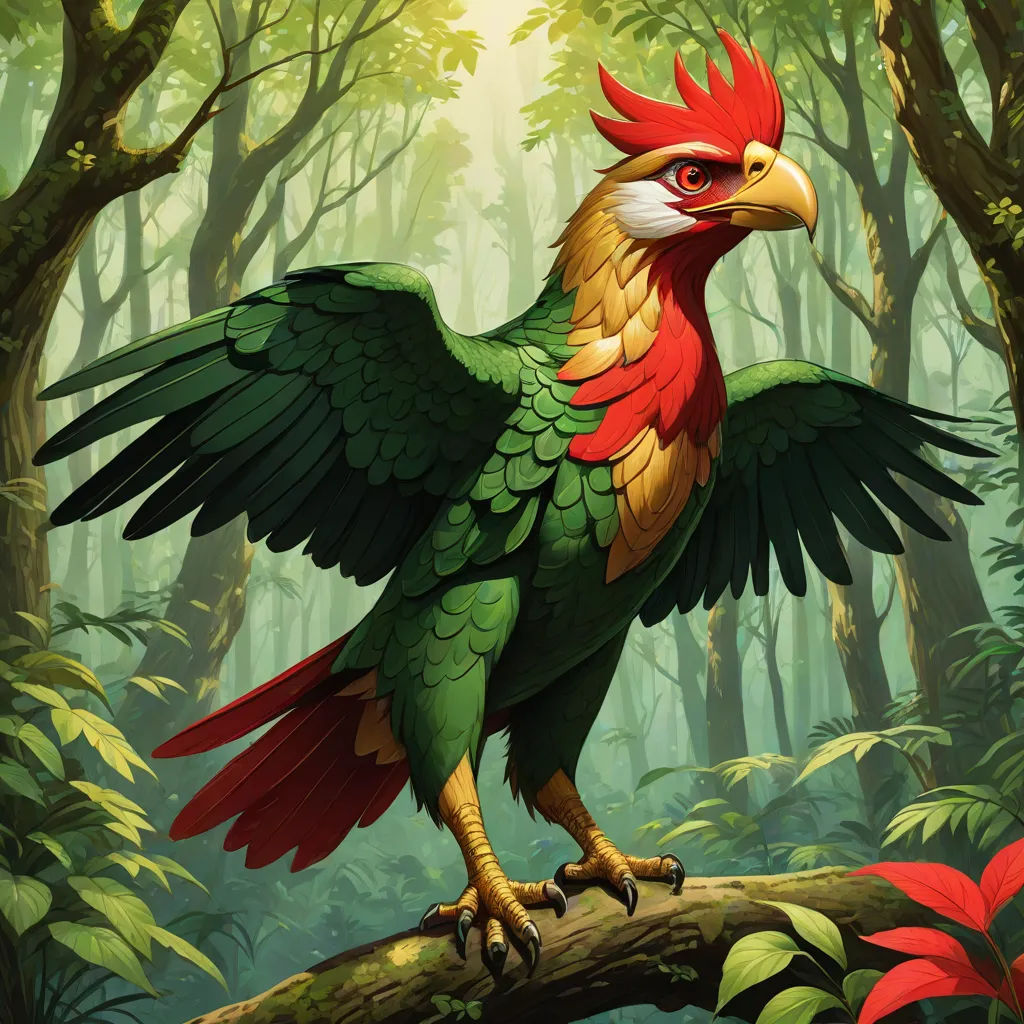 a colorful bird perched on a tree branch in a forest with lots of trees and flowers around it,, a character portrait, Chris LaBrooy, fantasy art, magic the gathering artwork