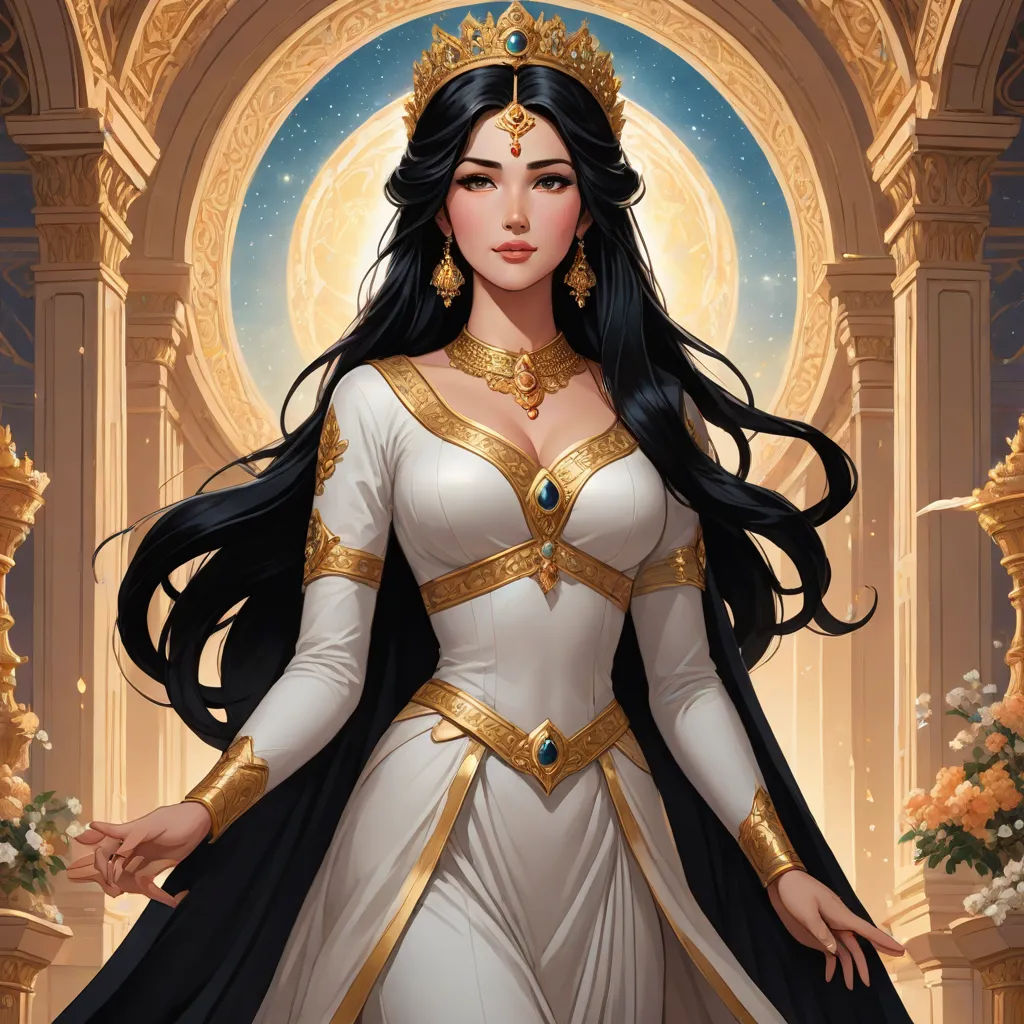 a woman in a white dress with a gold crown on her head and long black hair, standing in front of a doorway, a detailed painting, Charlie Bowater, fantasy art, epic fantasy character art