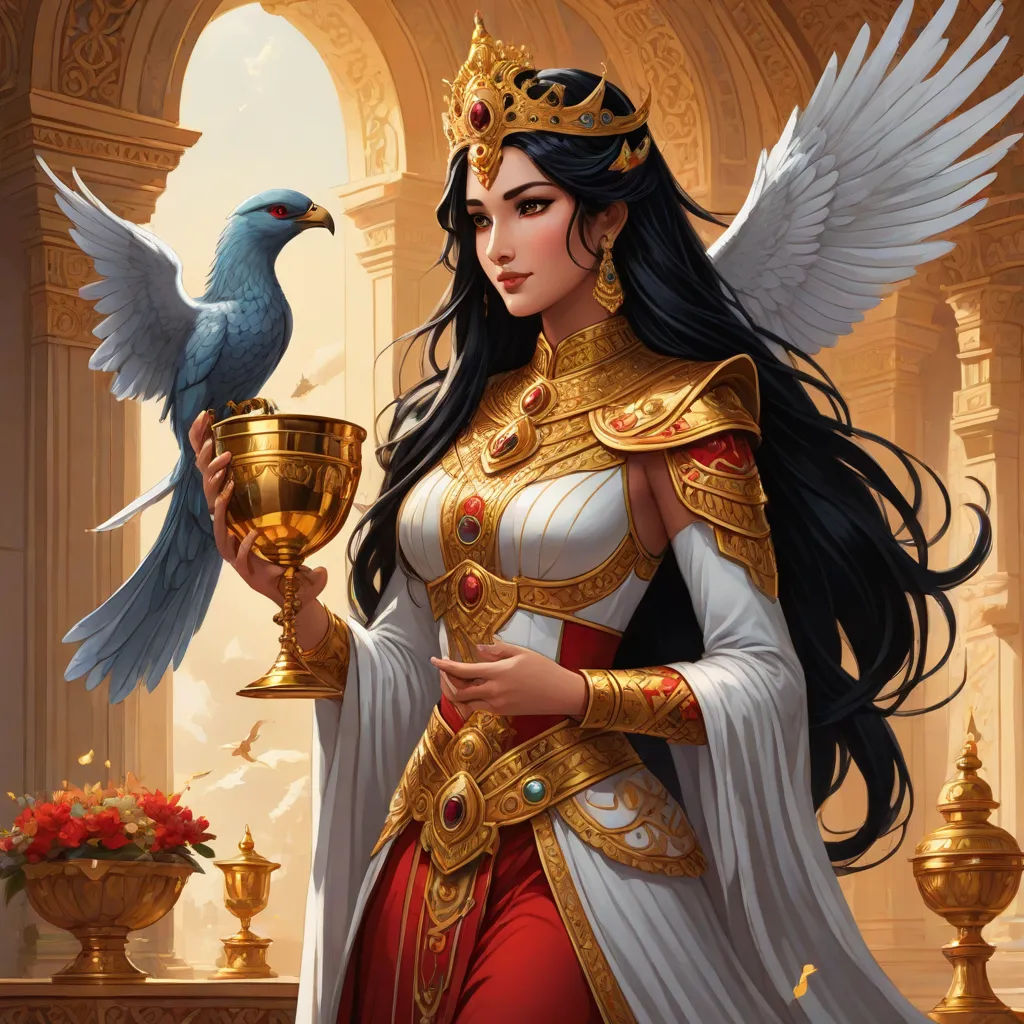 a woman in a costume holding a cup and a bird on her arm, with a bird perched on her arm, a detailed painting, Anne Stokes, fantasy art, magic the gathering artwork