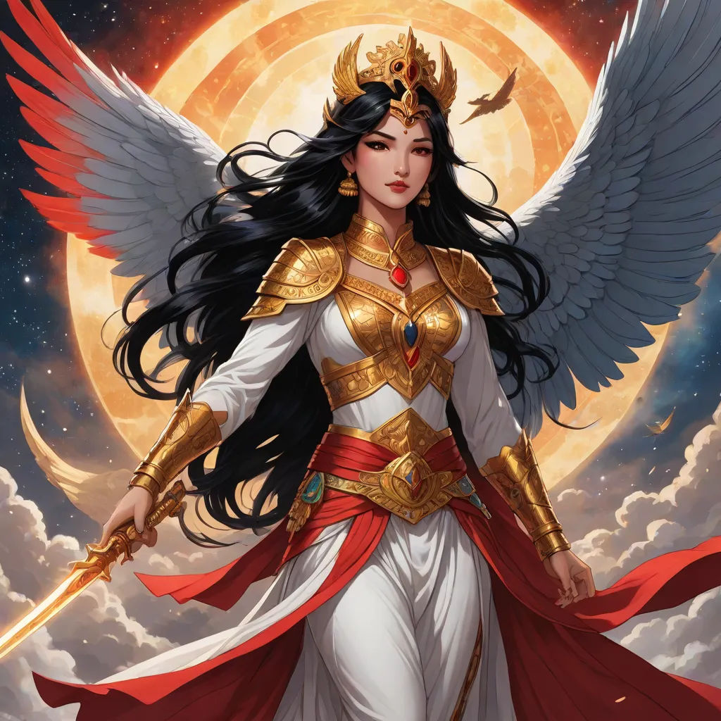 a woman in a white and gold outfit with a sword and wings on her shoulders and a full moon behind her, a detailed painting, Anne Stokes, fantasy art, magic the gathering artwork