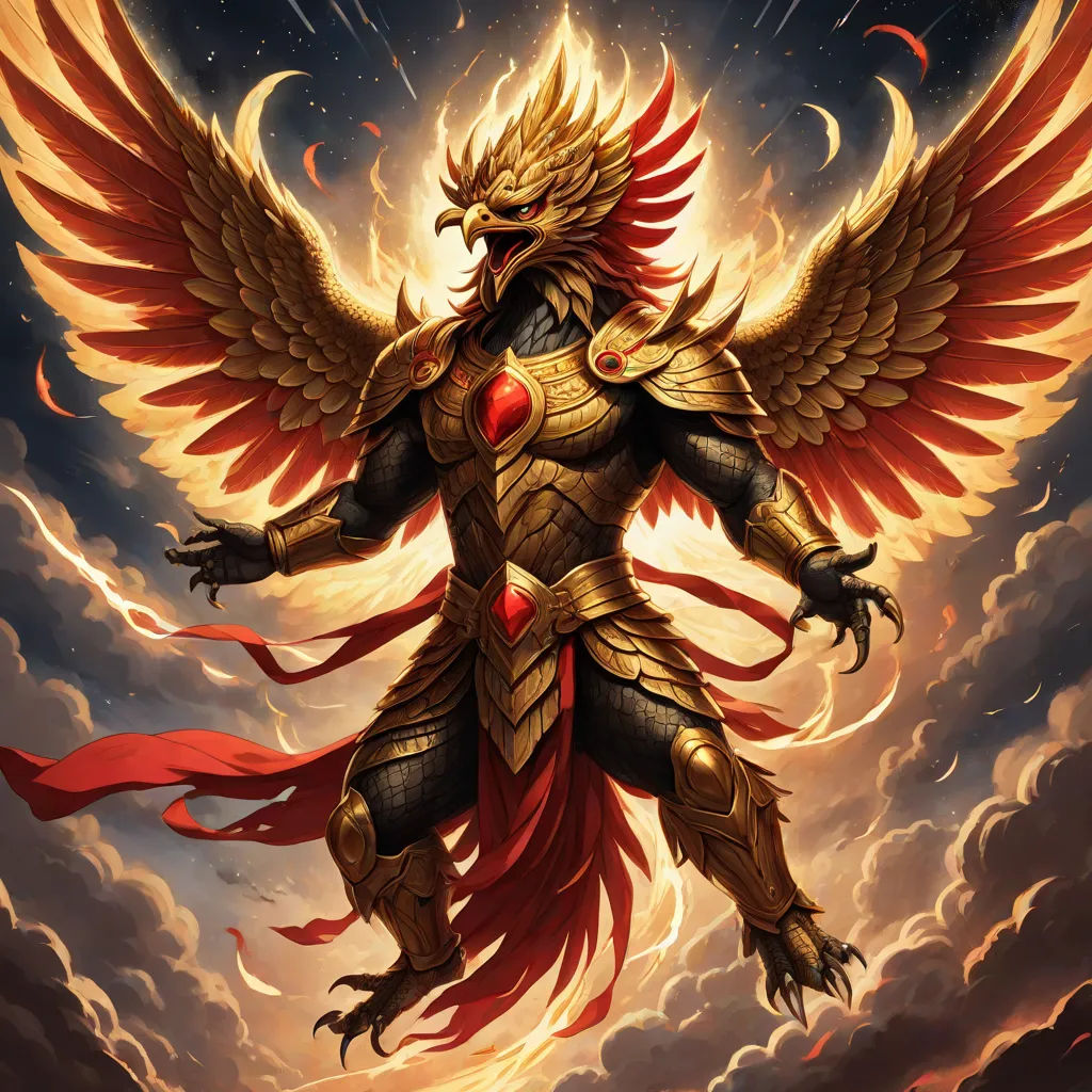 a painting of a golden winged creature with red wings and a red tail on his body, standing in the clouds, a detailed painting, Anne Stokes, fantasy art, magic the gathering artwork