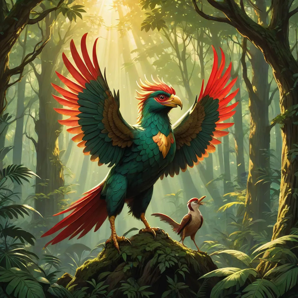 a bird with red wings standing on a rock in a forest with a bird next to it's body, a storybook illustration, Chris LaBrooy, fantasy art, magic the gathering artwork