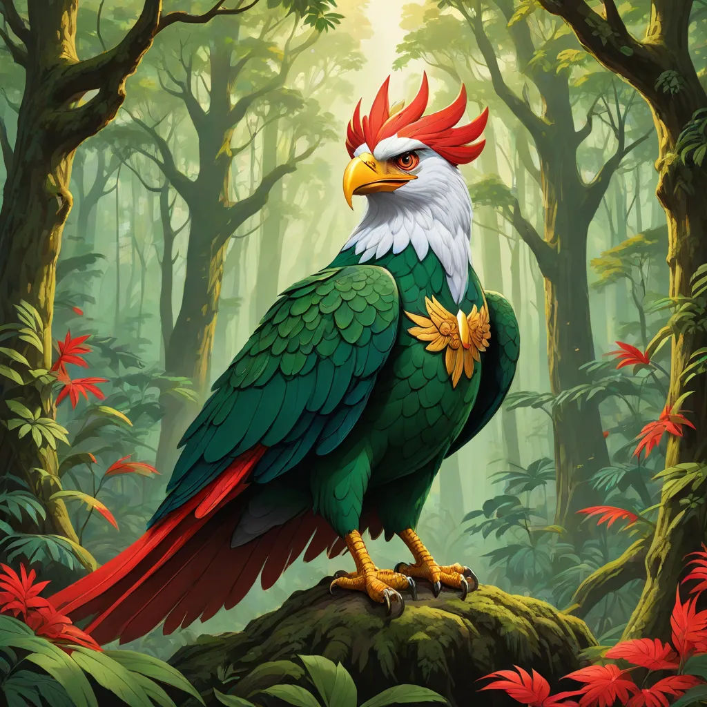 a bird with a red head and a green body sitting on a rock in a forest with red flowers, a character portrait, Chris LaBrooy, fantasy art, official art