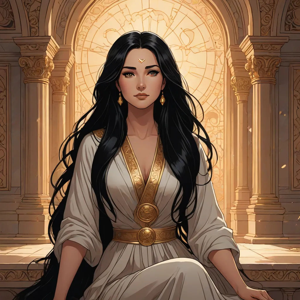 a woman in a white dress sitting on a ledge with a golden cross in the background and a window behind her, a character portrait, Charlie Bowater, fantasy art, epic fantasy character art