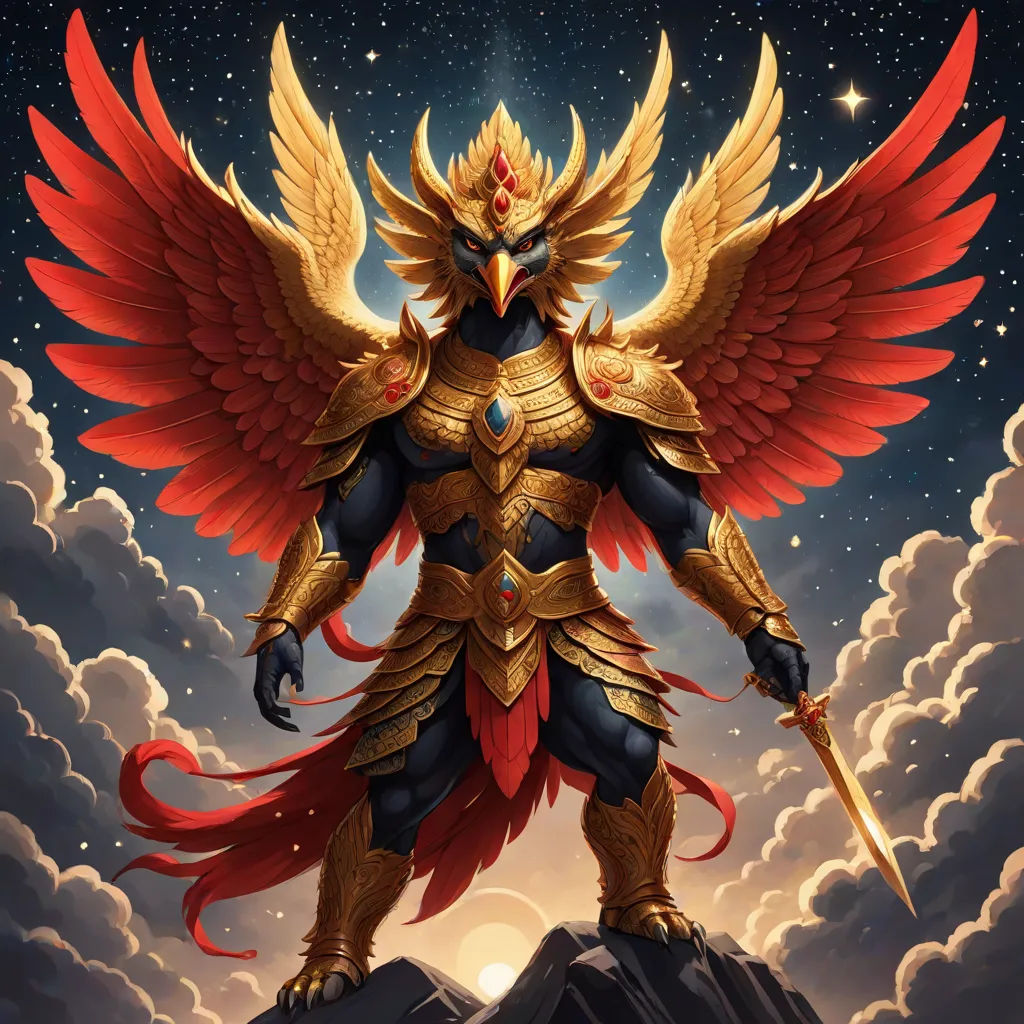a painting of a man with a sword and wings on a mountain top with clouds and stars in the background, a detailed painting, Altichiero, fantasy art, epic fantasy character art