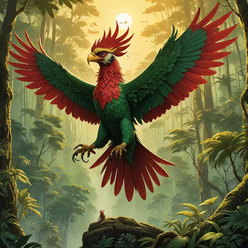 a bird with a red and green wings is flying through the air in a forest with trees and a person, poster art, Chris LaBrooy, fantasy art, magic the gathering artwork