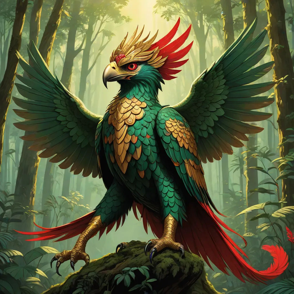 a bird with red feathers standing on a rock in a forest with trees and leaves on the ground and a bright light shining on the background, a detailed painting, Chris LaBrooy, fantasy art, magic the gathering artwork