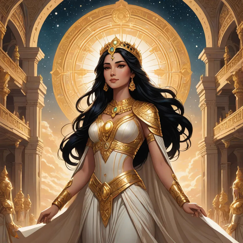 a woman in a white dress with a gold crown and a golden crown on her head and a golden halo around her neck, a detailed painting, Charlie Bowater, fantasy art, rossdraws global illumination