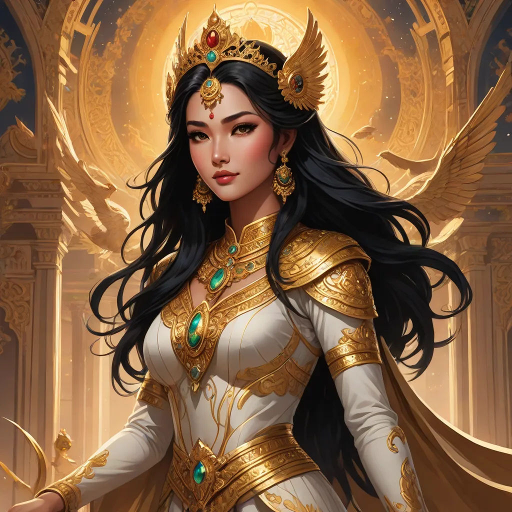 a woman dressed in a white and gold outfit with a golden crown and a green jewel in her hand, a detailed painting, Anne Stokes, fantasy art, rossdraws global illumination