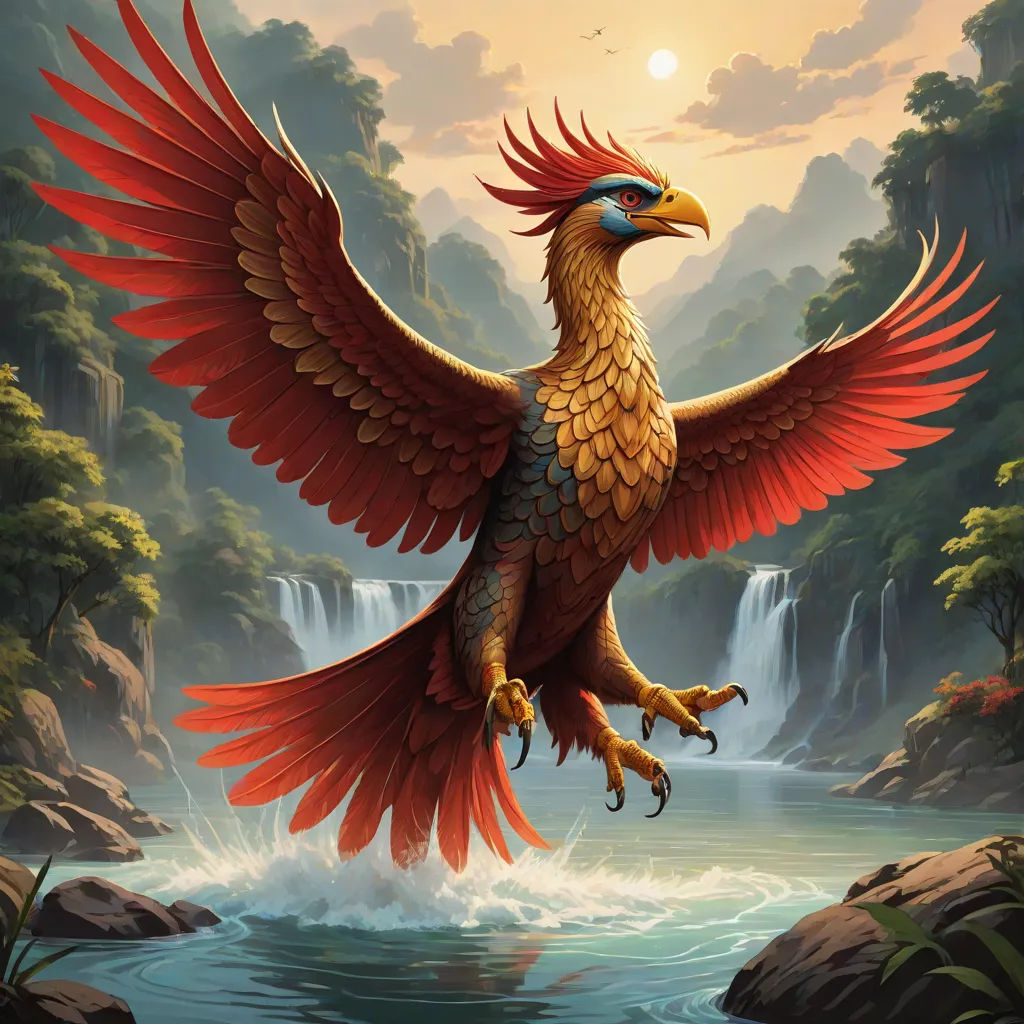 a bird with red wings is flying over a river and waterfall with a waterfall in the background and a sun in the sky, a character portrait, Brom, fantasy art, magic the gathering artwork
