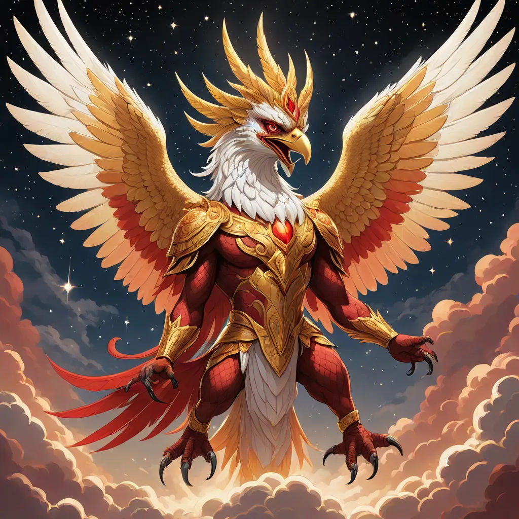 a bird with a golden body and wings standing on a cloud covered sky with stars and clouds in the background, poster art, Chris LaBrooy, fantasy art, magic the gathering artwork