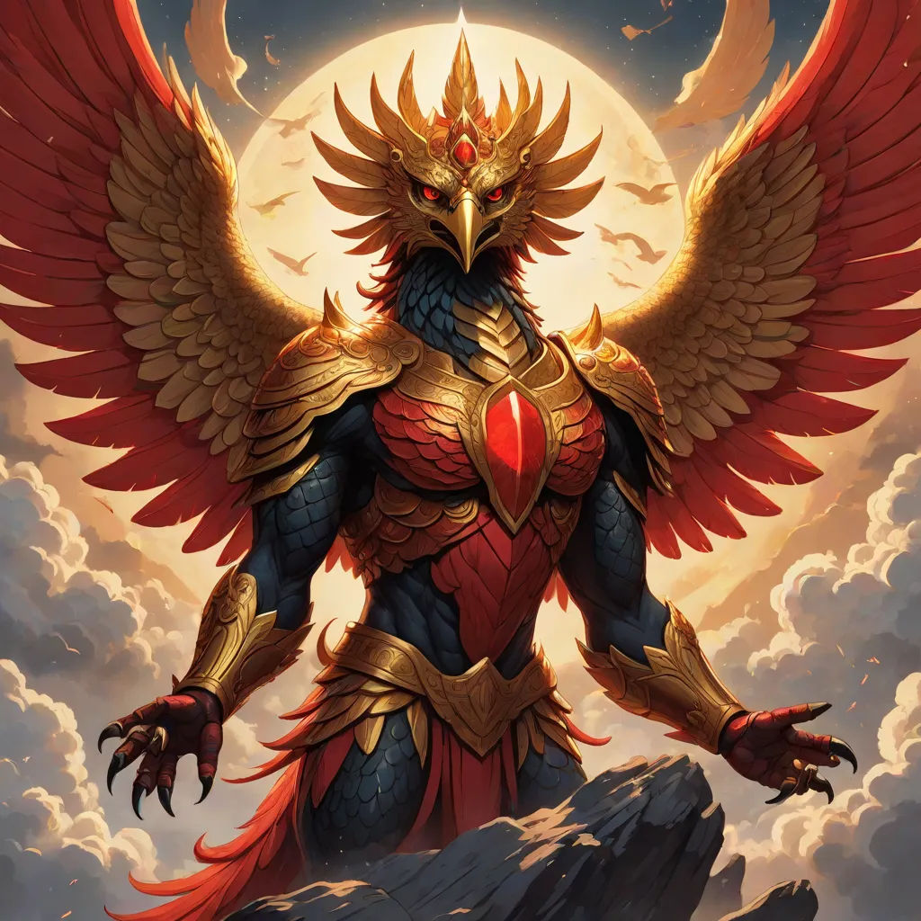 a painting of a bird with wings and a red heart on its chest, standing on a rock with a full moon in the background, a comic book panel, Chris LaBrooy, fantasy art, magic the gathering artwork