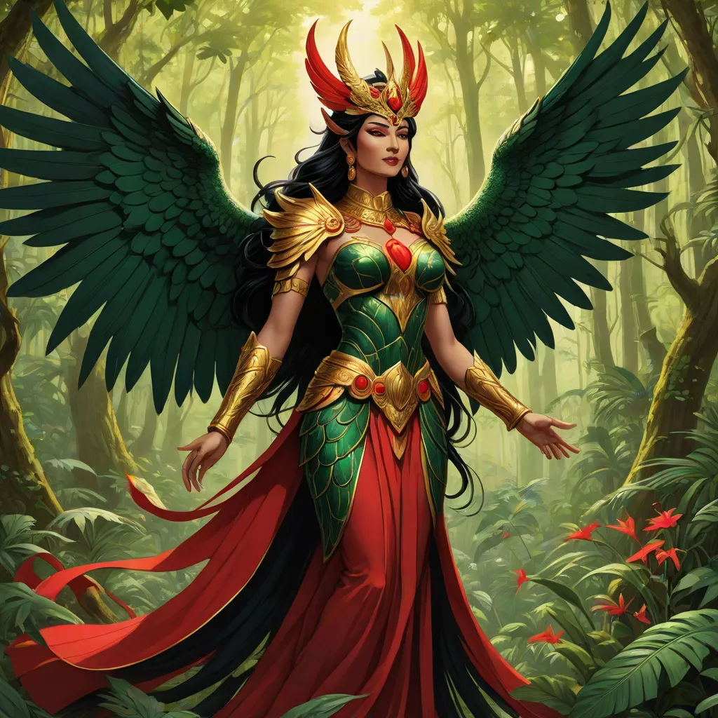 a woman in a red dress with wings and a crown on her head in a forest with flowers and trees, concept art, Art of Brom, fantasy art, magic the gathering artwork