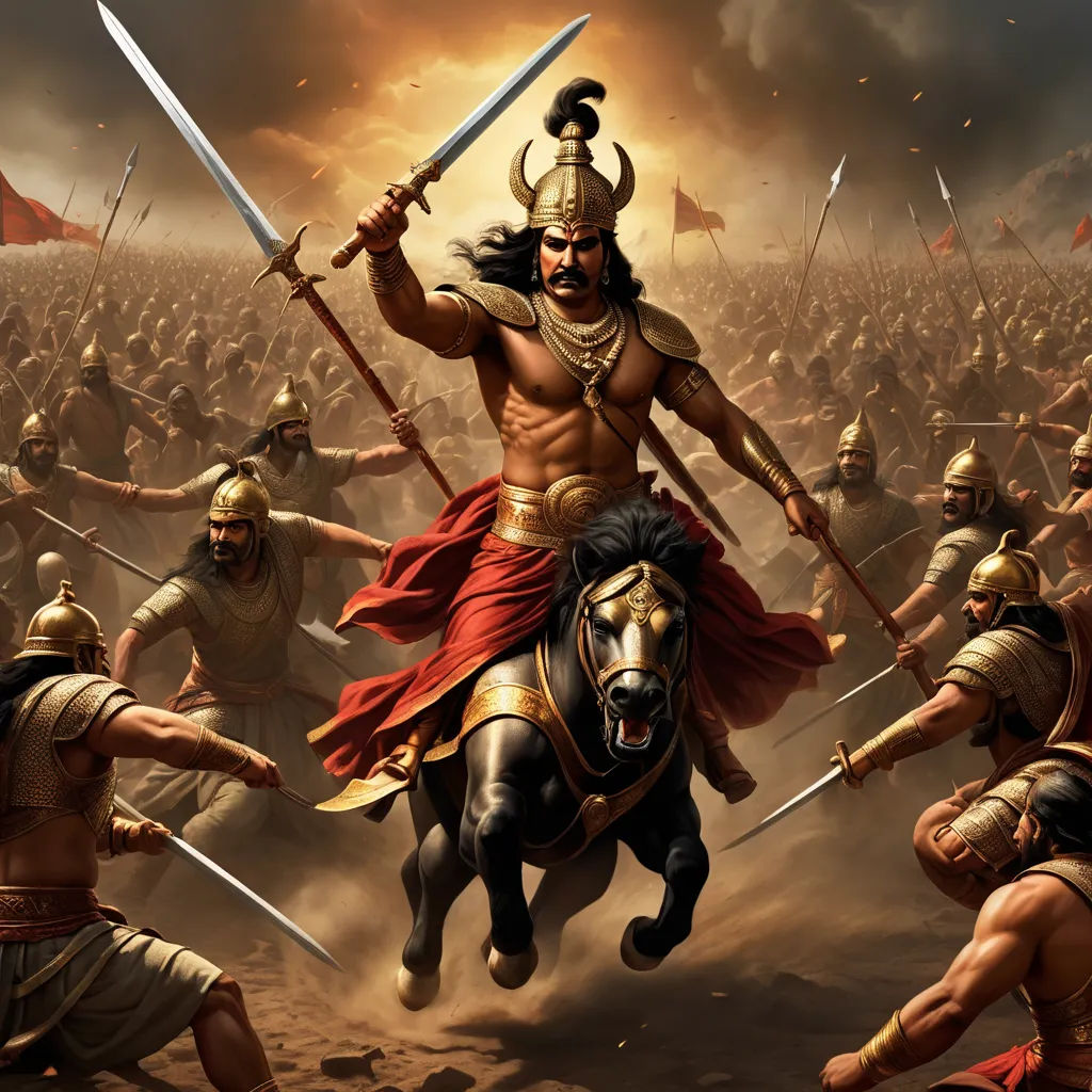 a painting of a man on a horse with two swords in his hand and a group of men on horseback behind him, samikshavad, a detailed painting, Bholekar Srihari, highly detailed digital painting